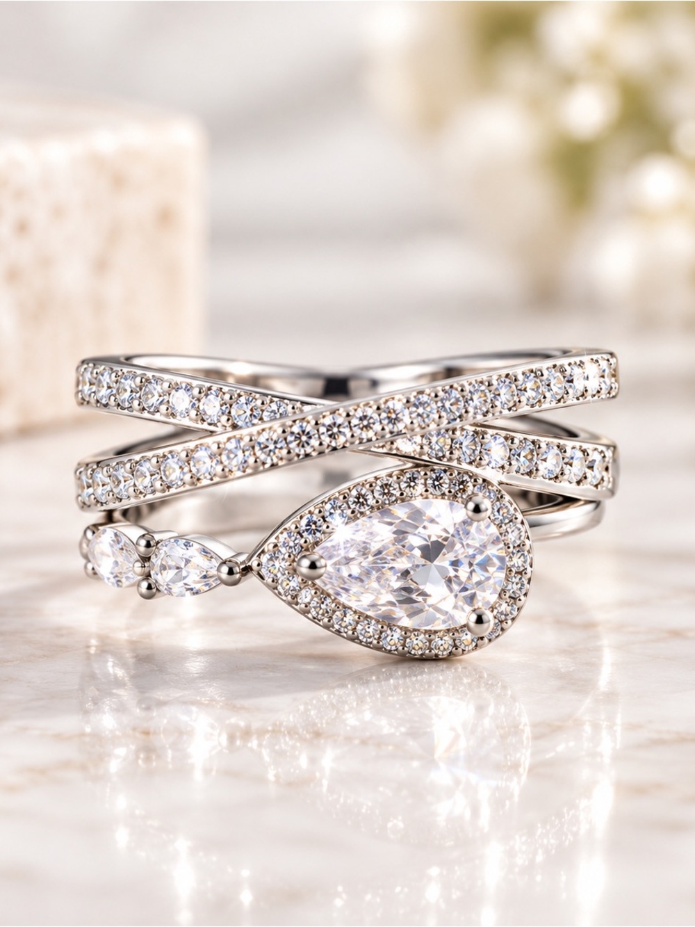 Sterling Silver Pear Halo Cubic Zirconia Stacking Ring - White